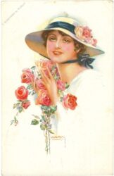 frau mit hut und rosen