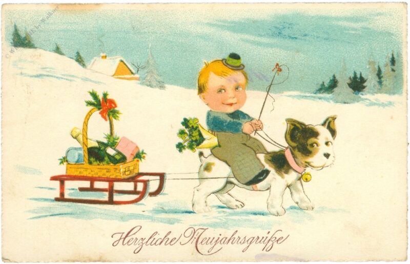 neujahr, kind mit hundeschlitten