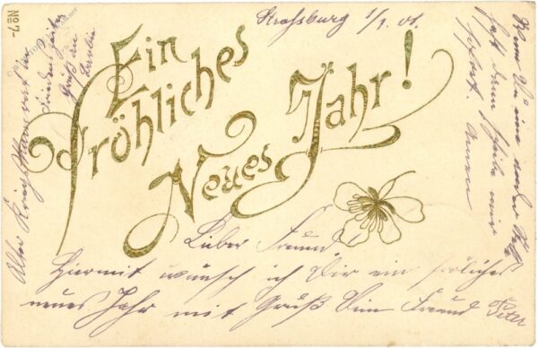 neujahr, goldene lettern mit blume
