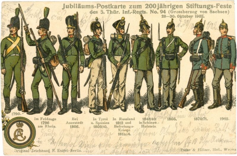 jubiläums postkarte zum 200jährigen stiftungs feste des 5. thür. inf. regts. no 94 (großherzog von sachsen)