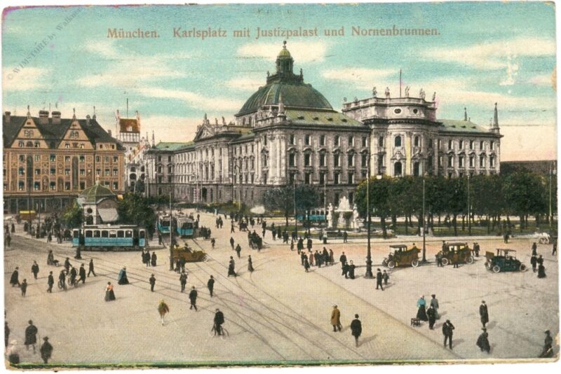 münchen, karlsplatz mit justizpalast und nornenbrunnen münchen, karlsplatz mit justizpalast und nornenbrunnen