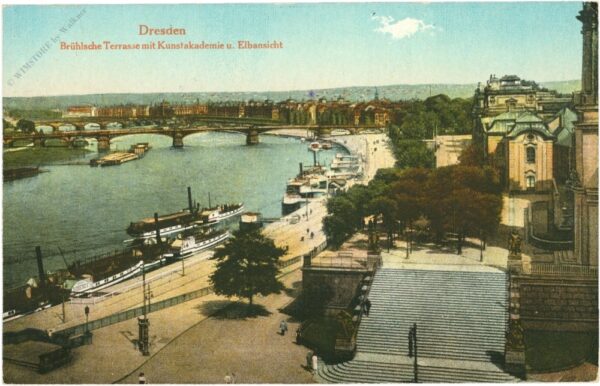 dresden, brühlsche terrasse mit kunstakademie und elbansicht