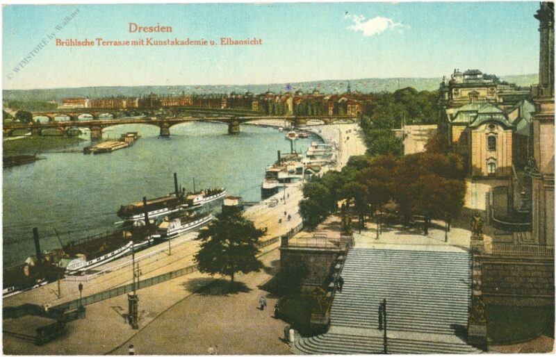 dresden, brühlsche terrasse mit kunstakademie und elbansicht