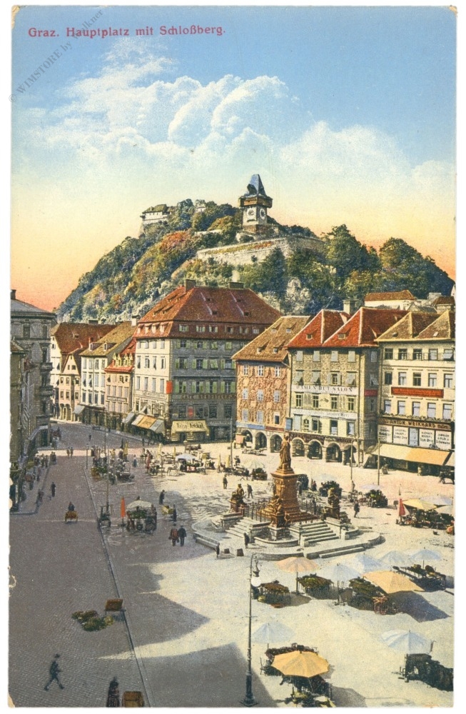 graz, hauptplatz mit schloßberg