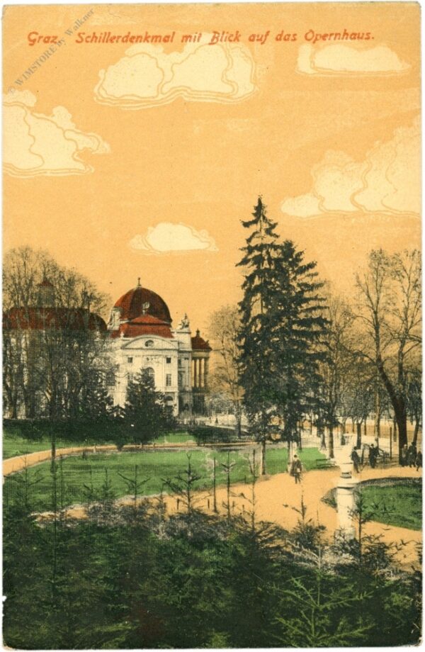 graz, schillerdenkmal mit blick auf das opernhaus