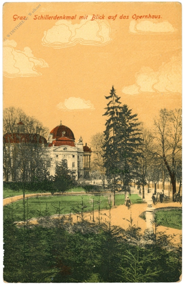 graz, schillerdenkmal mit blick auf das opernhaus