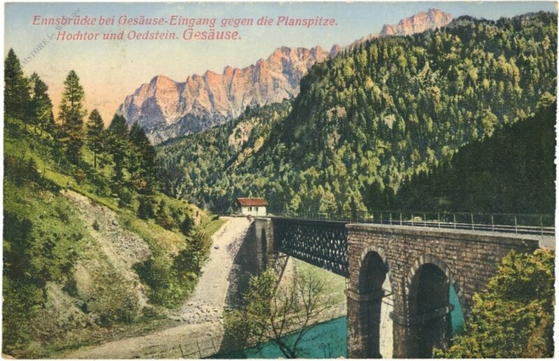 gesäuse, ennsbrücke bei gesäuse eingang gegen die planspitze, hochtor und oedstein gesäuse, ennsbrücke bei gesäuse eingang gegen die planspitze, hochtor und oedstein