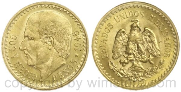 mexiko, dos (2) pesos 1945, km 20/463, gold, st mexiko, dos (2) pesos 1945, km 20/463, gold, st