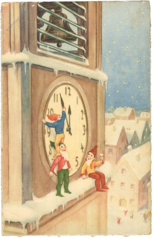 neujahr, zwerge stellen die uhr