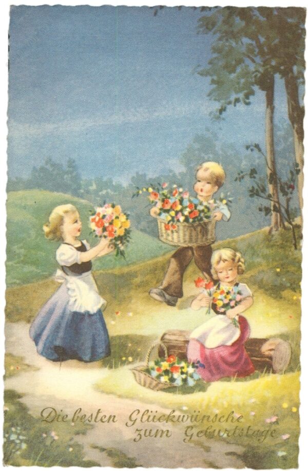 geburtstag, kinder mit blumen