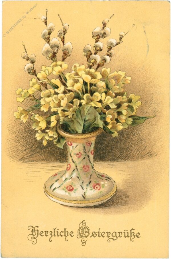 ostern, vase mit blumen und zweigen