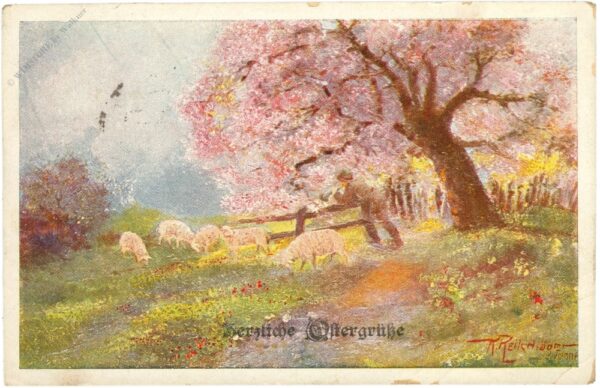 ostern, schafe unter blühendem baum