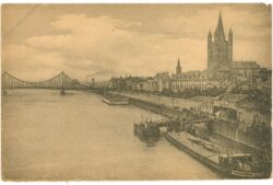 köln am rhein, rheinpartie mit st. martin und hängebrücke