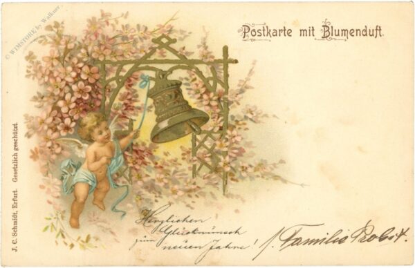 engel mit glocken und blumen blumenduftkarte