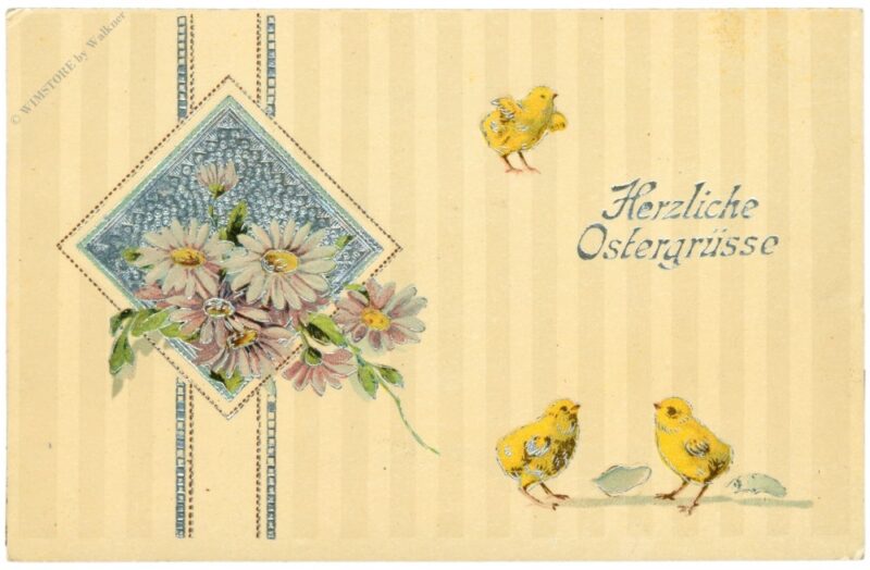 ostern, kücken mit blumen, silberdruck ostern, kücken mit blumen, silberdruck