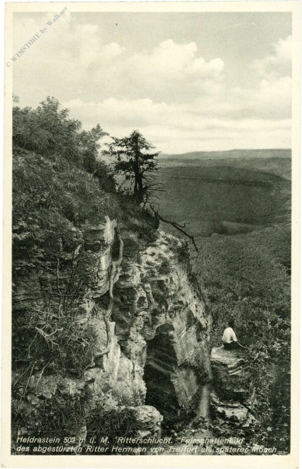 treffurt, heldrastein, ritterschlucht, felsschattenbild des abgestürzten ritter hermann von treffurt als späterer mönch