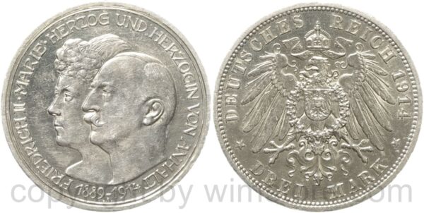 deutsches kaiserreich anhalt, 3 mark 1914 a, silber, vz st