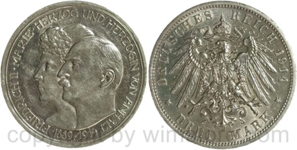 deutsches kaiserreich anhalt, 3 mark 1914 a, silber, vz st