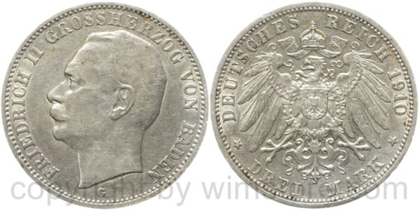 deutsches kaiserreich baden, 3 mark 1910 g, silber, vz st, kleine flecke