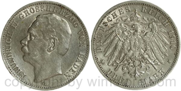 deutsches kaiserreich baden, 3 mark 1910 g, silber, vz st, kleine flecke
