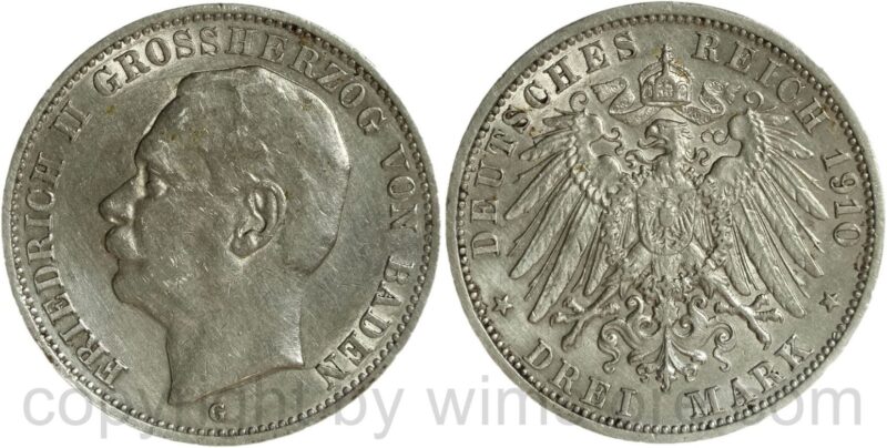 deutsches kaiserreich baden, 3 mark 1910 g, silber, vz st, kleine flecke
