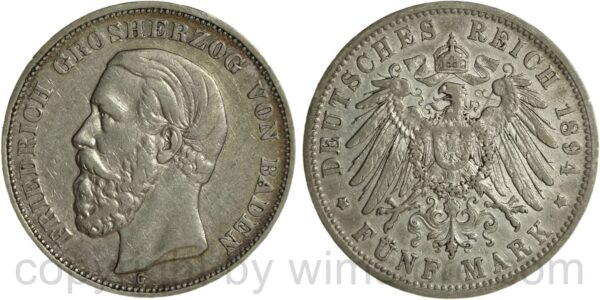 deutsches kaiserreich baden, 5 mark 1894 g, silber, ss