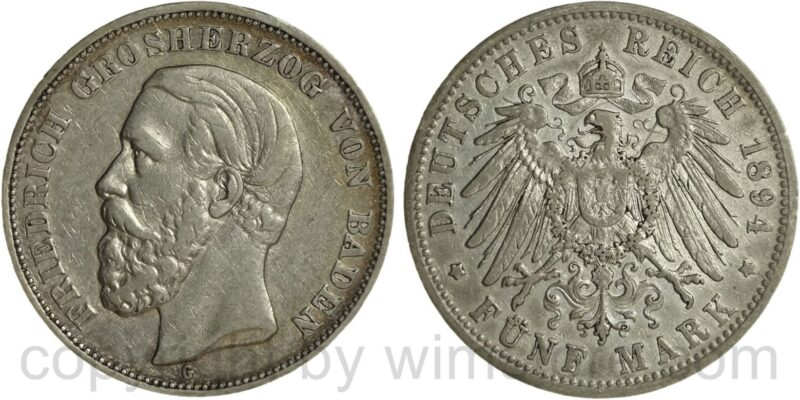 deutsches kaiserreich baden, 5 mark 1894 g, silber, ss