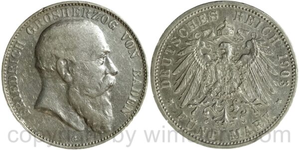 deutsches kaiserreich baden, 5 mark 1903 g, silber, ss