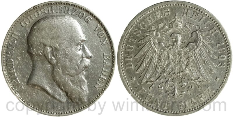deutsches kaiserreich baden, 5 mark 1903 g, silber, ss