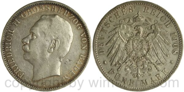 deutsches kaiserreich baden, 5 mark 1908 g, silber, ss, schrötlingsfehler im nackenbereich
