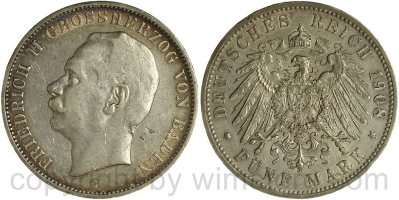 deutsches kaiserreich baden, 5 mark 1908 g, silber, ss, schrötlingsfehler im nackenbereich