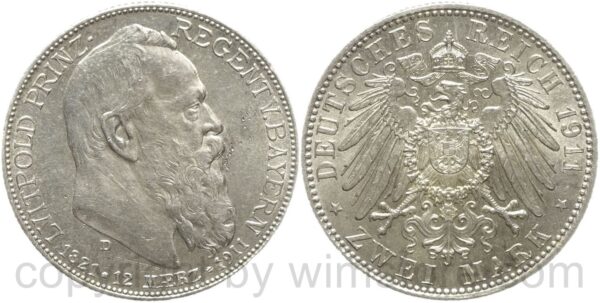 deutsches kaiserreich bayern, 2 mark 1911 d, silber, vz st