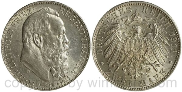 deutsches kaiserreich bayern, 2 mark 1911 d, silber, vz st