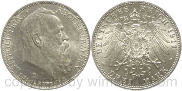 deutsches kaiserreich bayern, 3 mark 1911 d, silber, st