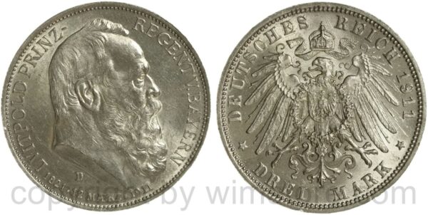 deutsches kaiserreich bayern, 3 mark 1911 d, silber, st