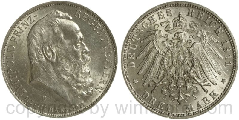 deutsches kaiserreich bayern, 3 mark 1911 d, silber, st