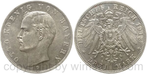 deutsches kaiserreich bayern, 3 mark 1913 d, silber, vz