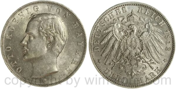 deutsches kaiserreich bayern, 3 mark 1913 d, silber, vz