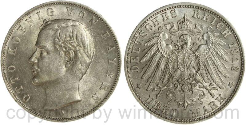 deutsches kaiserreich bayern, 3 mark 1913 d, silber, vz