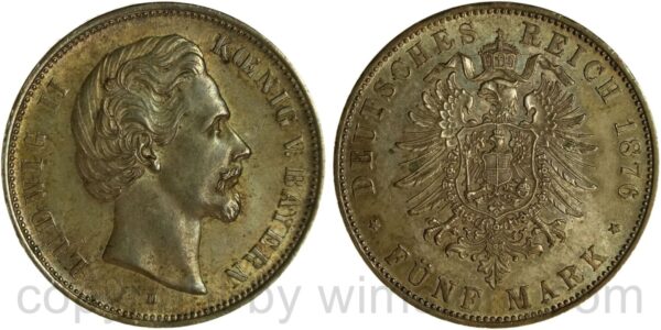 deutsches kaiserreich bayern, 5 mark 1876 d, silber, vz, schöne dunkelung