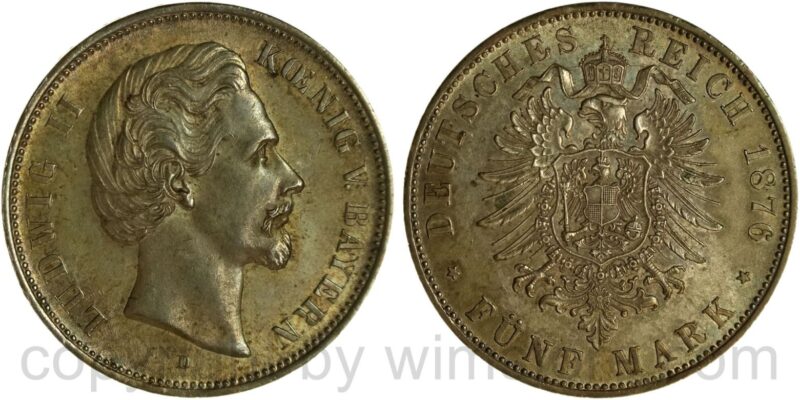 deutsches kaiserreich bayern, 5 mark 1876 d, silber, vz, schöne dunkelung