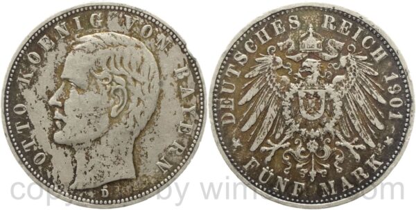 deutsches kaiserreich bayern, 5 mark 1901 d, silber, ss, randschäden