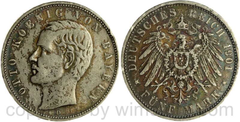 deutsches kaiserreich bayern, 5 mark 1901 d, silber, ss, randschäden