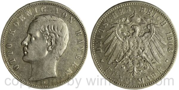 deutsches kaiserreich bayern, 5 mark 1903 d, silber, ss, kl. randschaden