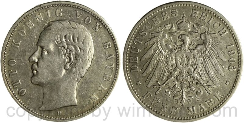 deutsches kaiserreich bayern, 5 mark 1903 d, silber, ss, kl. randschaden
