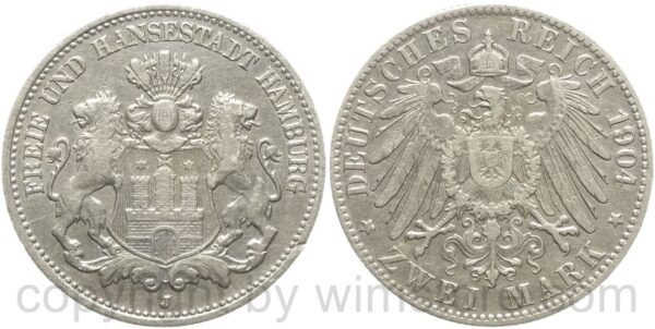deutsches kaiserreich hamburg, 2 mark 1904 j, silber, ss, kl. randschaden
