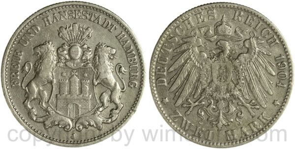 deutsches kaiserreich hamburg, 2 mark 1904 j, silber, ss, kl. randschaden