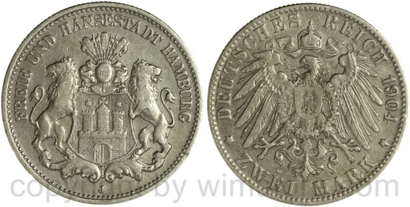 deutsches kaiserreich hamburg, 2 mark 1904 j, silber, ss, kl. randschaden