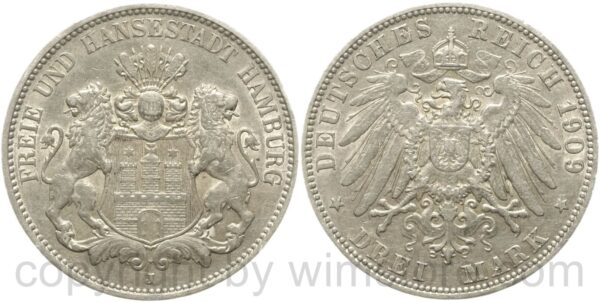 deutsches kaiserreich hamburg, 3 mark 1909 j, silber, ss