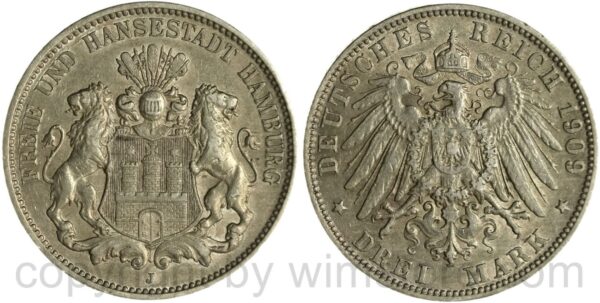deutsches kaiserreich hamburg, 3 mark 1909 j, silber, ss